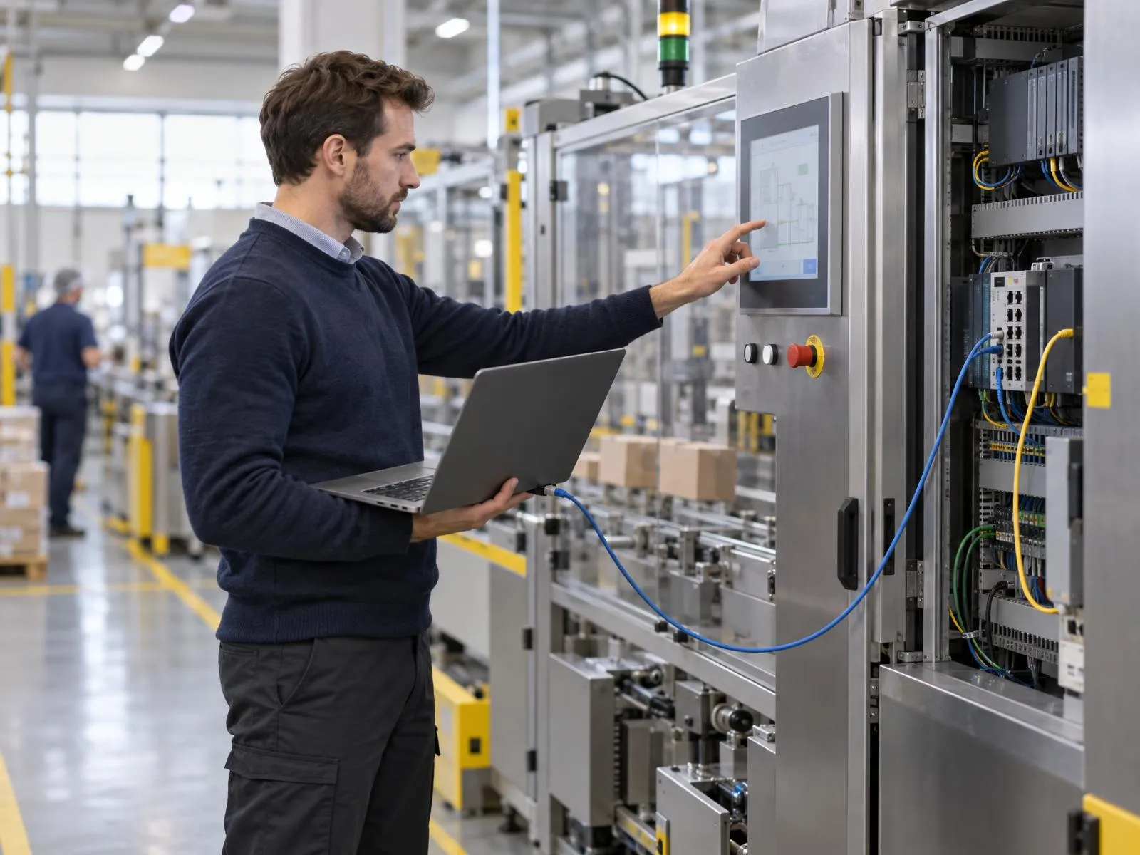 Ingénieur relié par ordinateur portable au pupitre de commande d’une machine