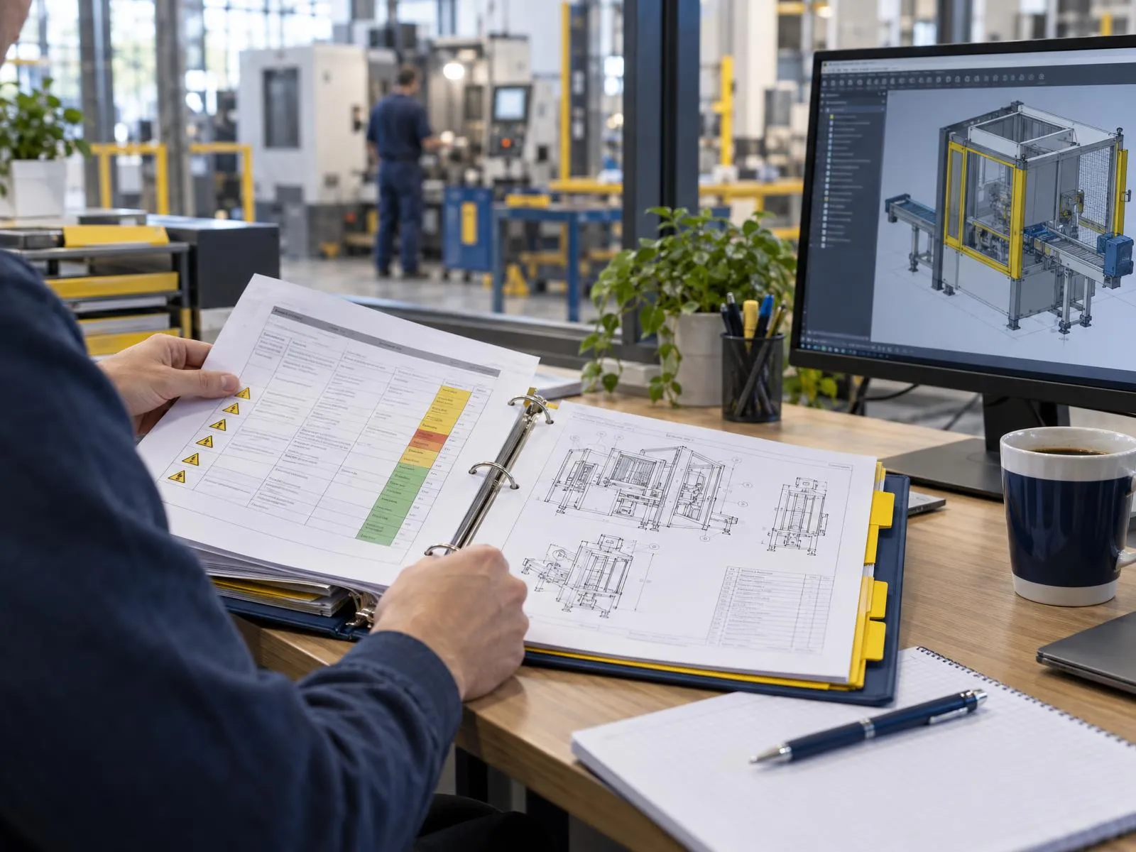 Dossier technique d’une machine ouvert sur une table d’atelier