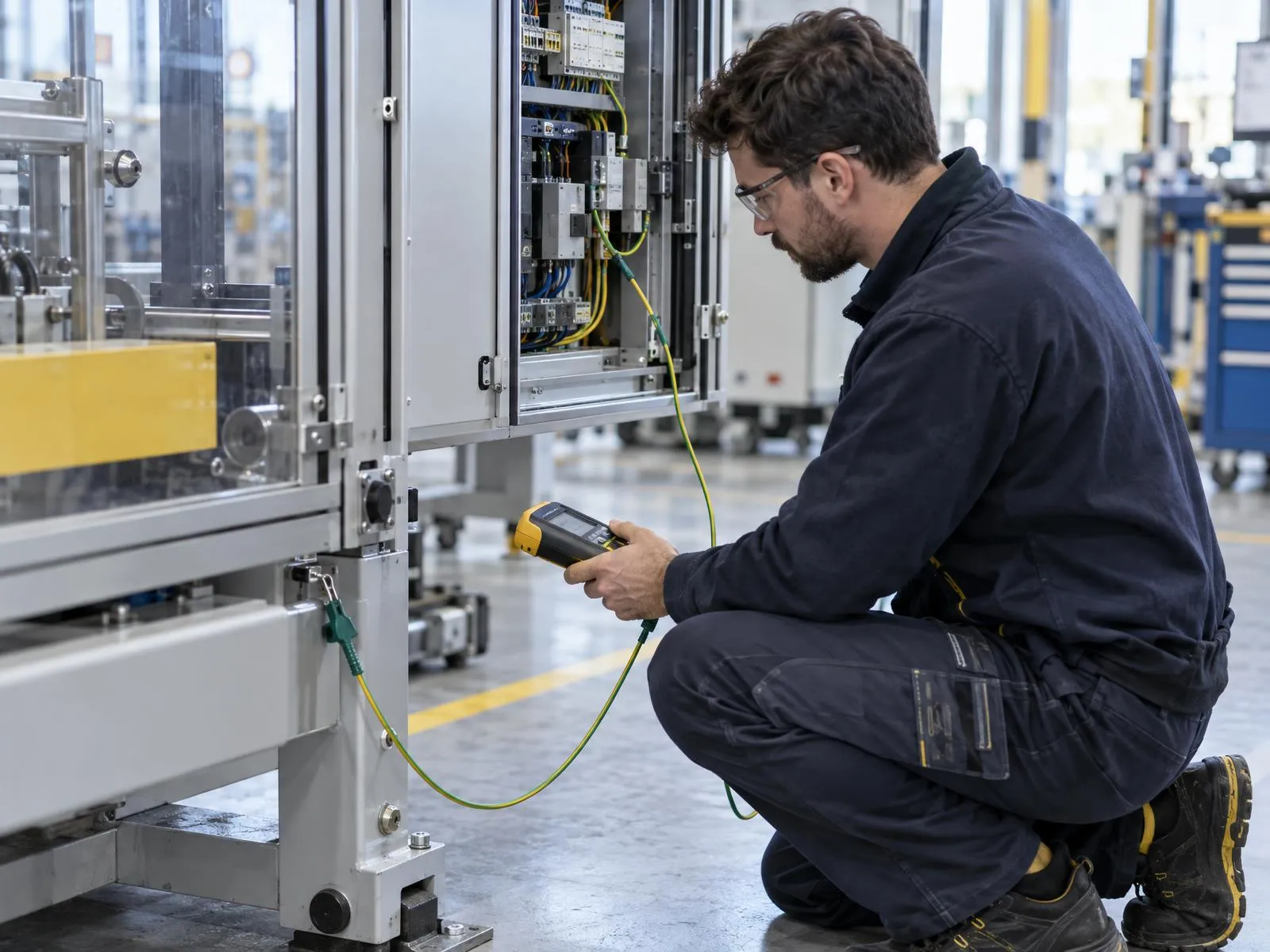 Ingénieur Säfeli mesurant la continuité du conducteur de protection d'une machine