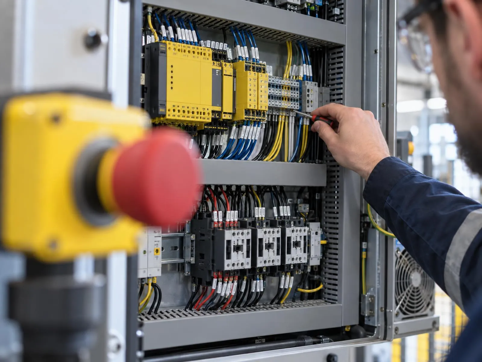 Armoire électrique d’une machine avec relais de sécurité et arrêt d’urgence