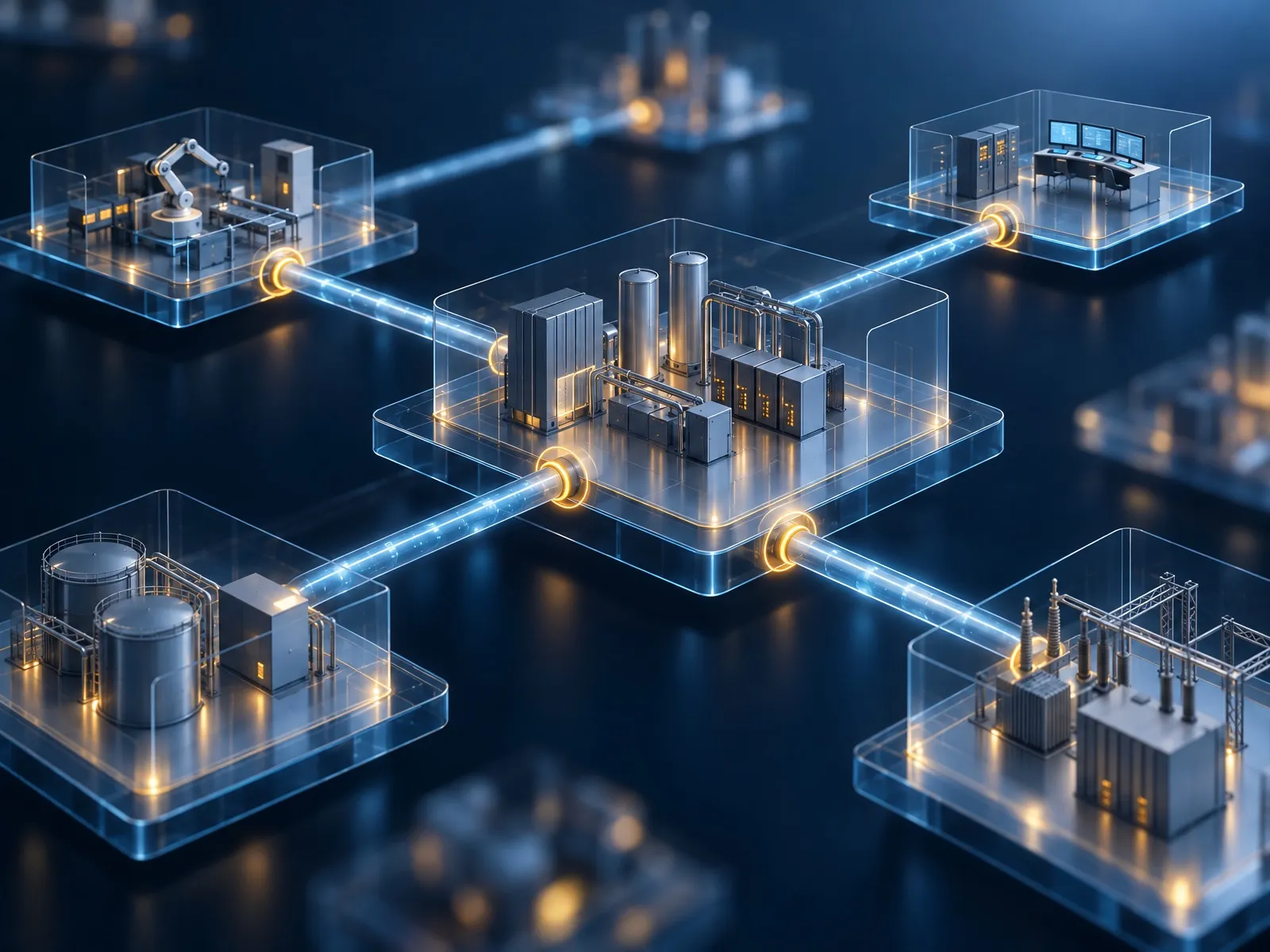 Zones industrielles transparentes reliées par des conduits lumineux