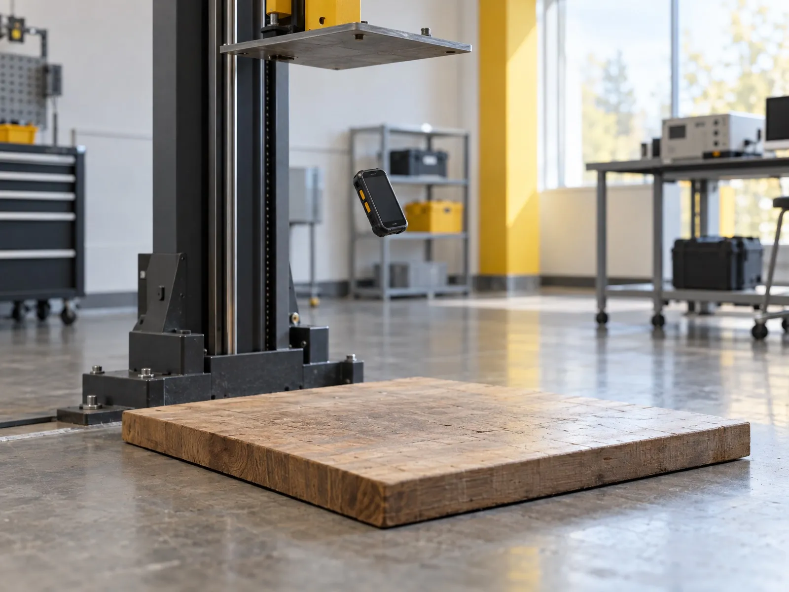 Appareil portatif en chute au-dessus d’une planche de bois dur sur un banc de chute