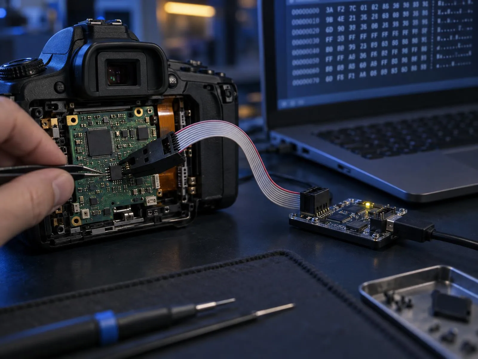Pince de test sur la mémoire flash d’un appareil reliée à un programmateur et un ordinateur