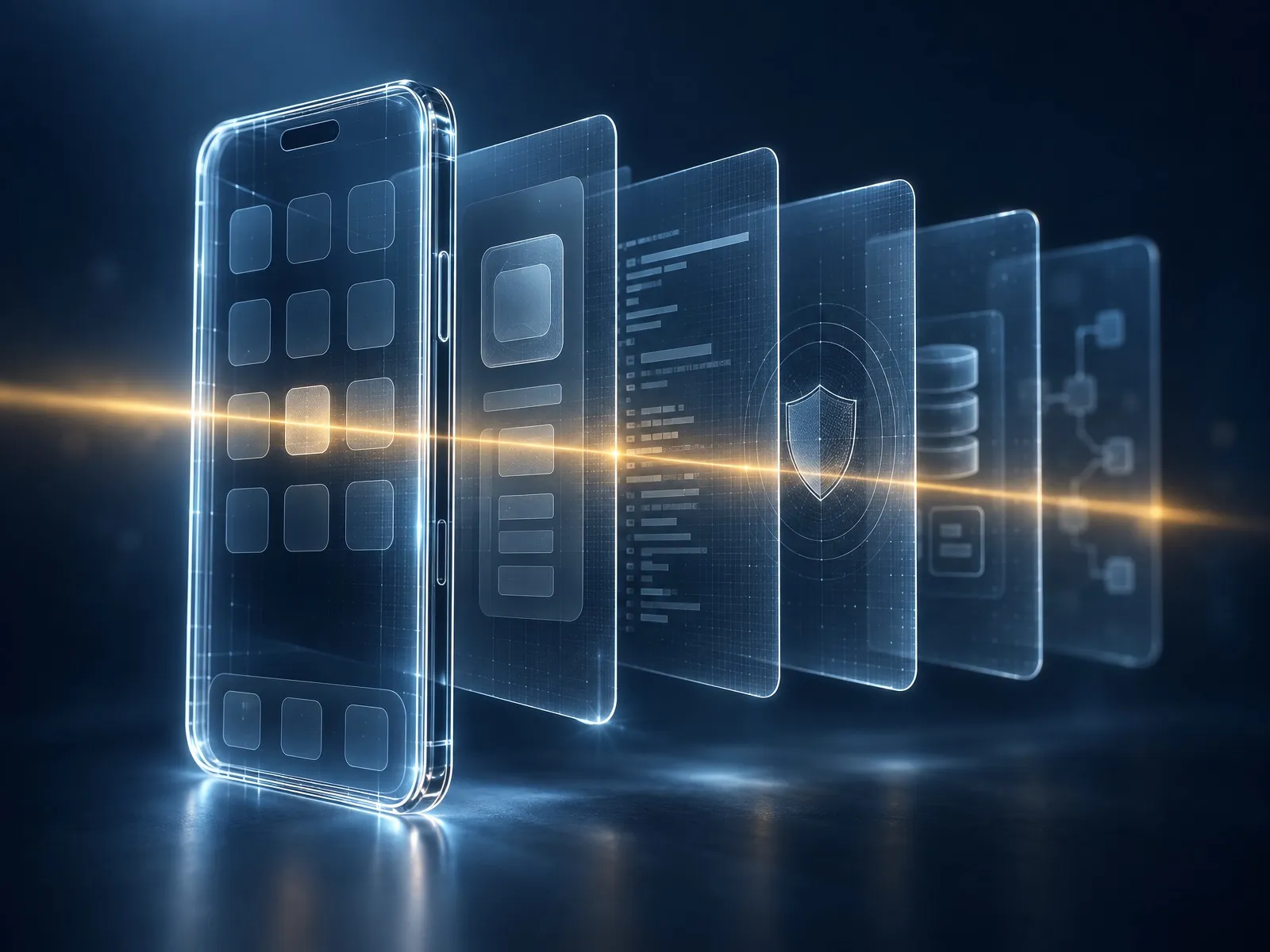 Smartphone en verre dont les couches applicatives sont traversées par un faisceau orange