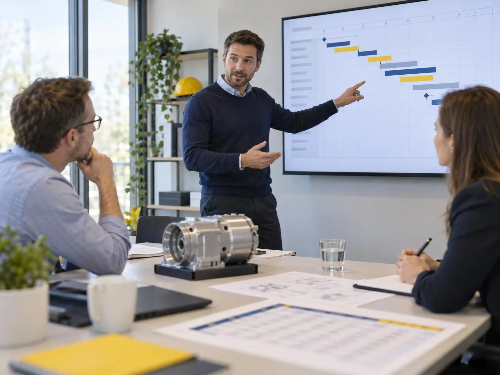 Ingénieur présentant un calendrier de projet à deux clients