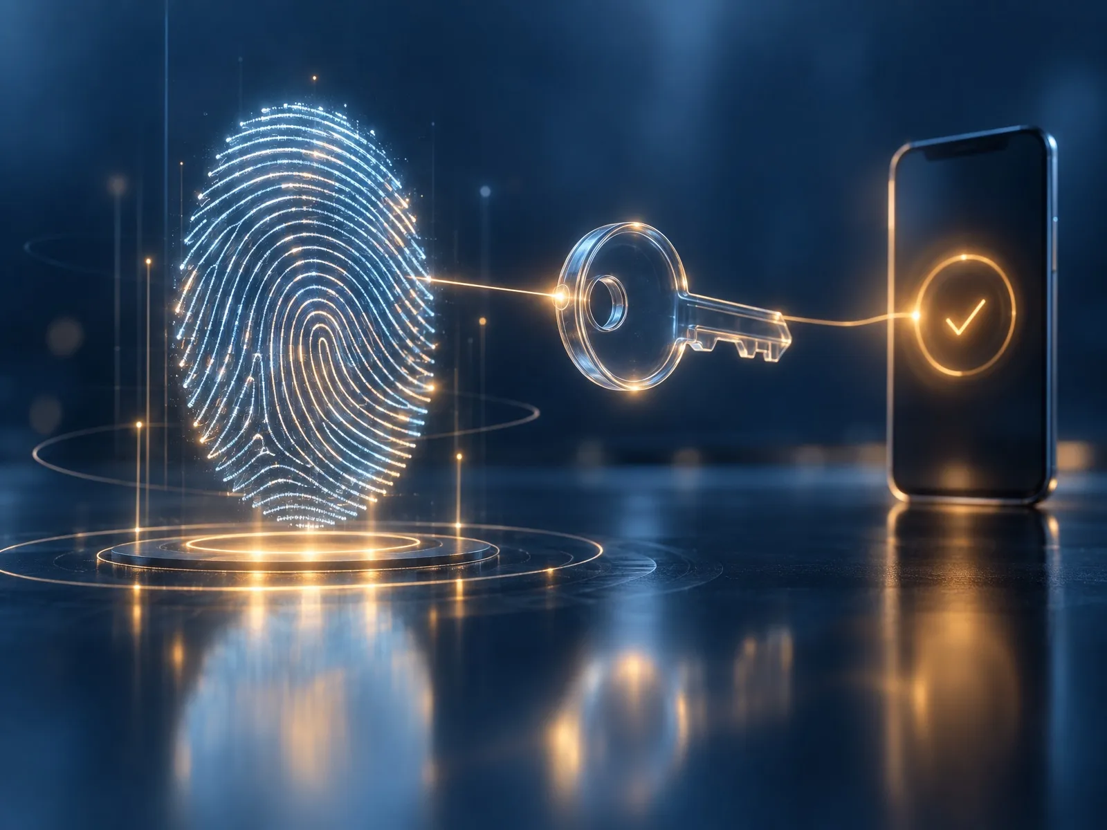 Empreinte digitale, clé et smartphone reliés par un trait lumineux