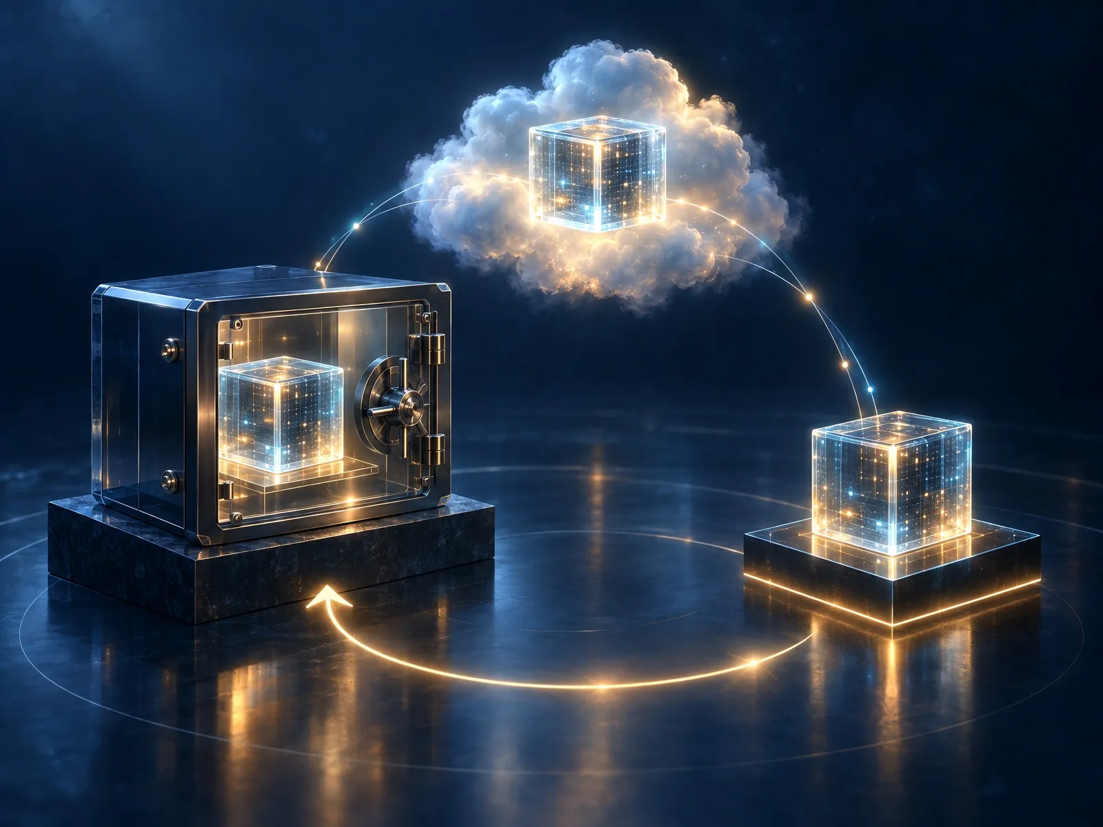 Trois cubes de données lumineux, l’un dans un coffre, l’un dans un nuage