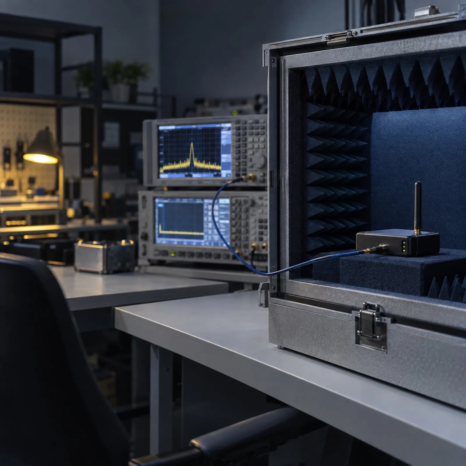 Objet connecté dans une enceinte blindée relié à des analyseurs radio