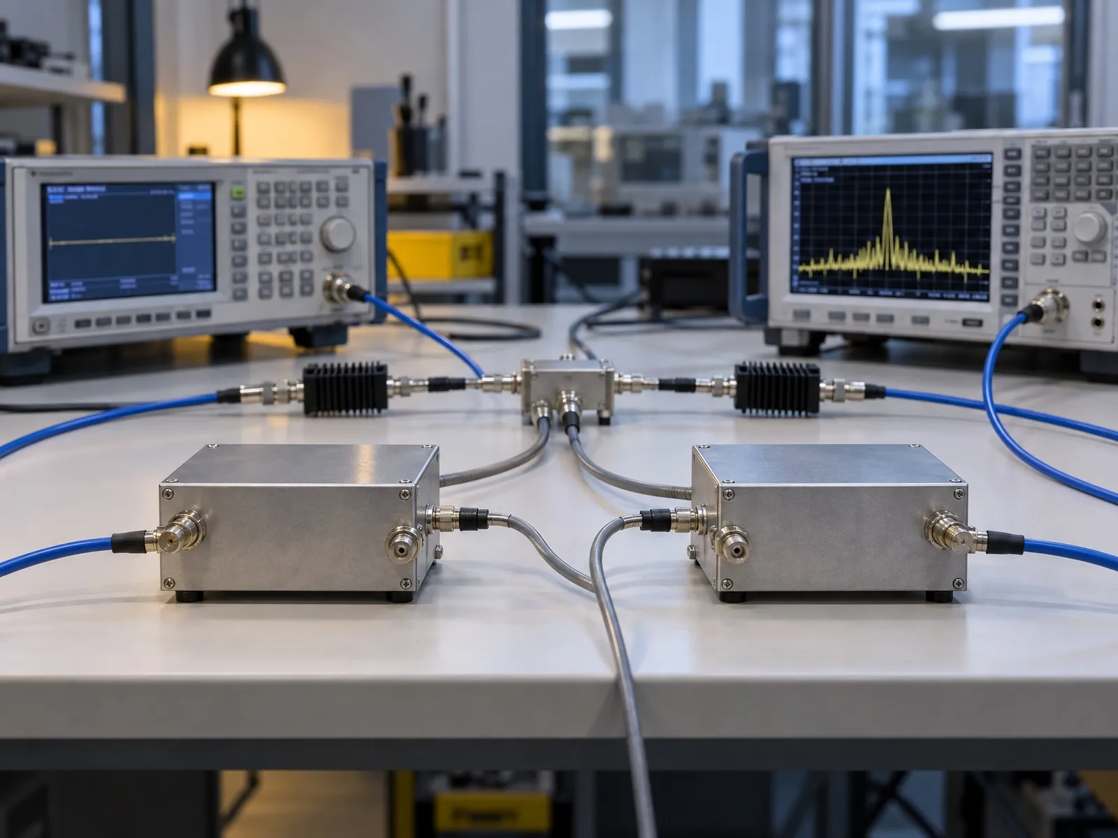 Deux boîtiers blindés reliés par des câbles coaxiaux, un répartiteur et des atténuateurs à deux analyseurs de signaux